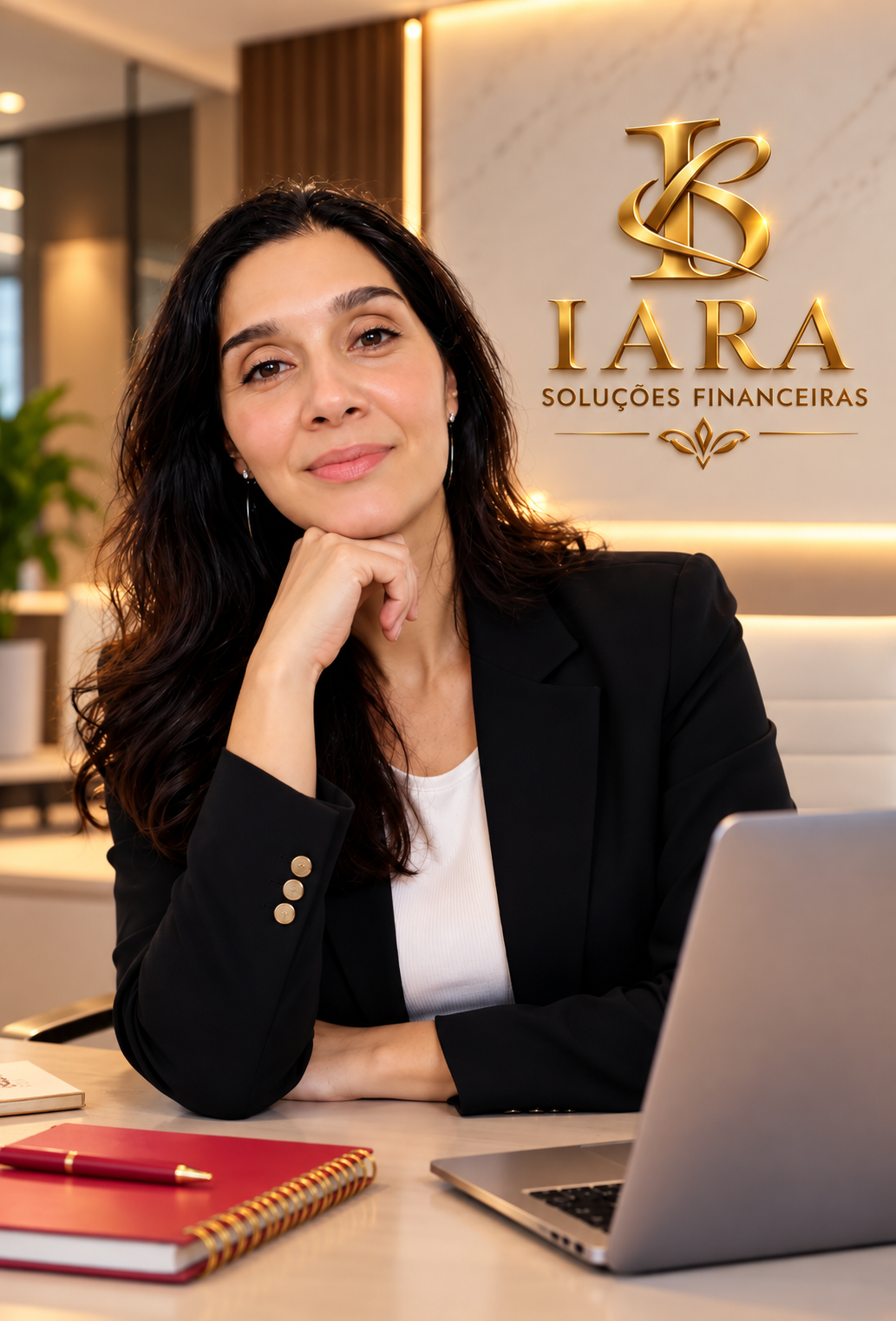 Iara, especialista em consórcios, em seu escritório na IARA Soluções Financeiras