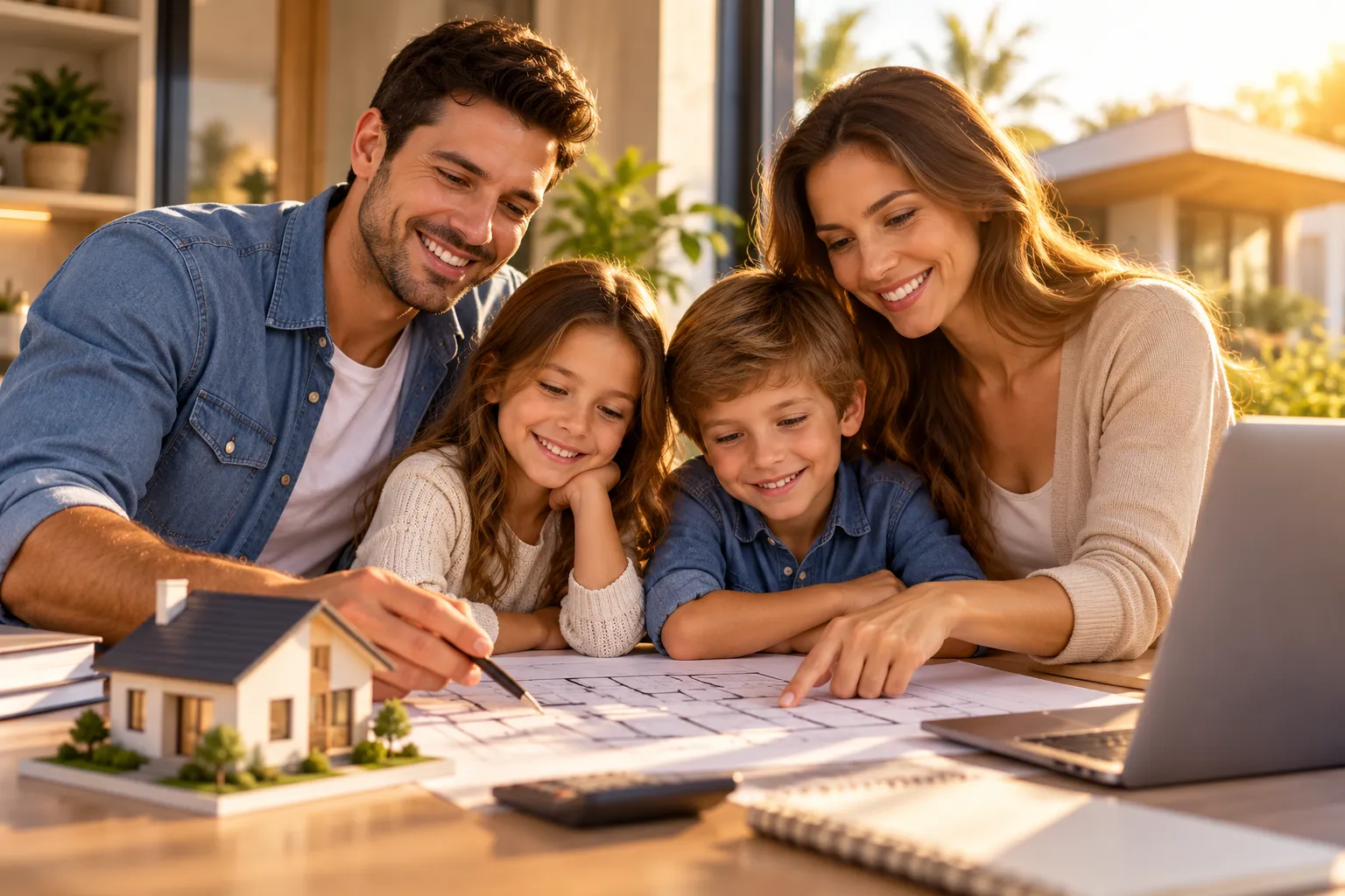 Família sorridente planejando a casa própria com a planta do imóvel e uma maquete